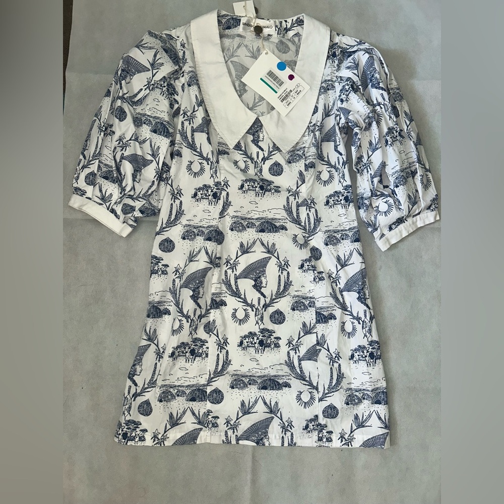 Sindiso Khumalo blue and white collared mini dress with all over pattern NWT